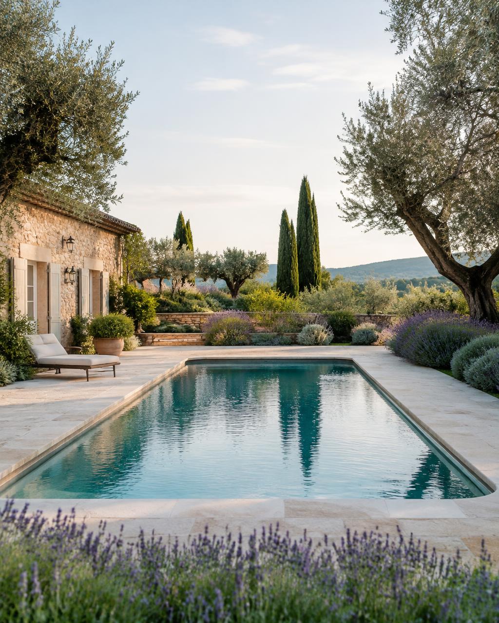Piscine avec plage en pierre dans un jardin provençal