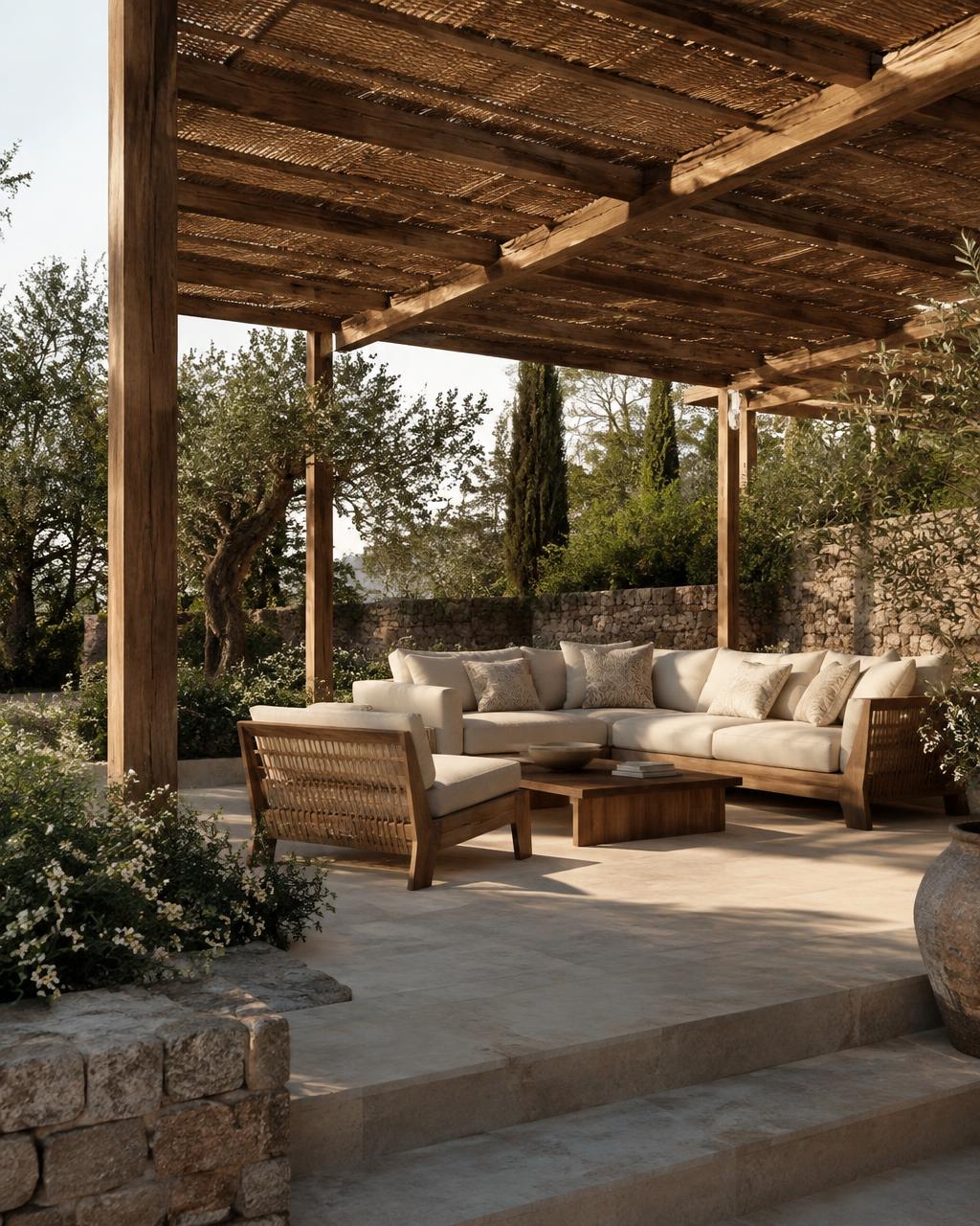 Terrasse ombragée par une pergola en bois